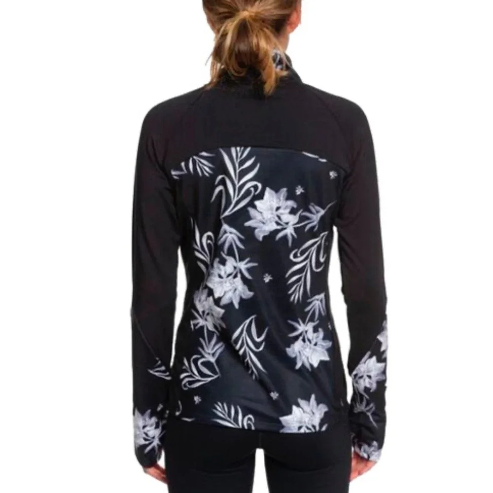 Roxy sz M Womens Black Floral Swim Rash Sun Gaurd Beach Outdoor Travel Vacation